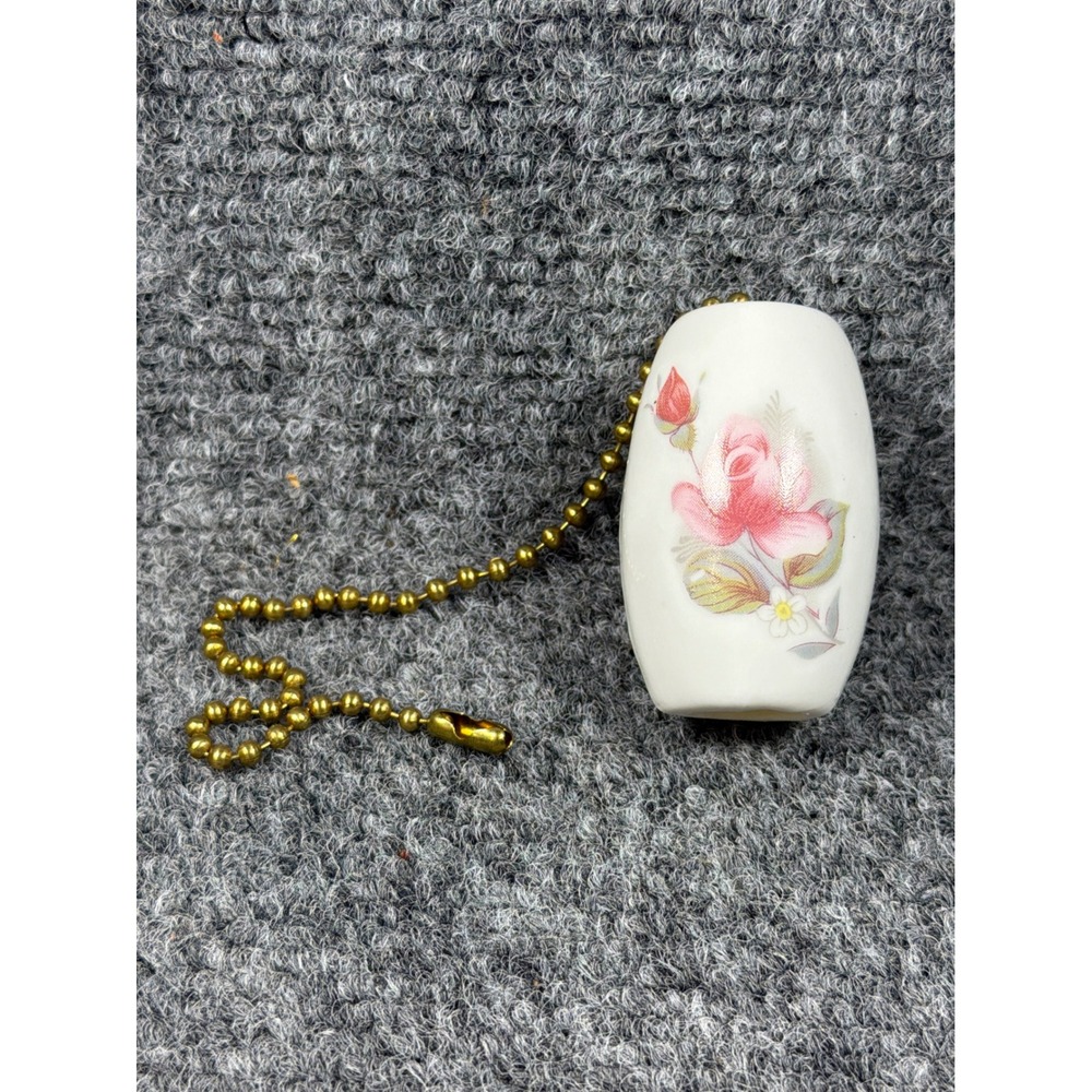 Vintage Ceramic Rose Floral Light Pull White Porcelain Brass Ball Chain 9.5 Inch